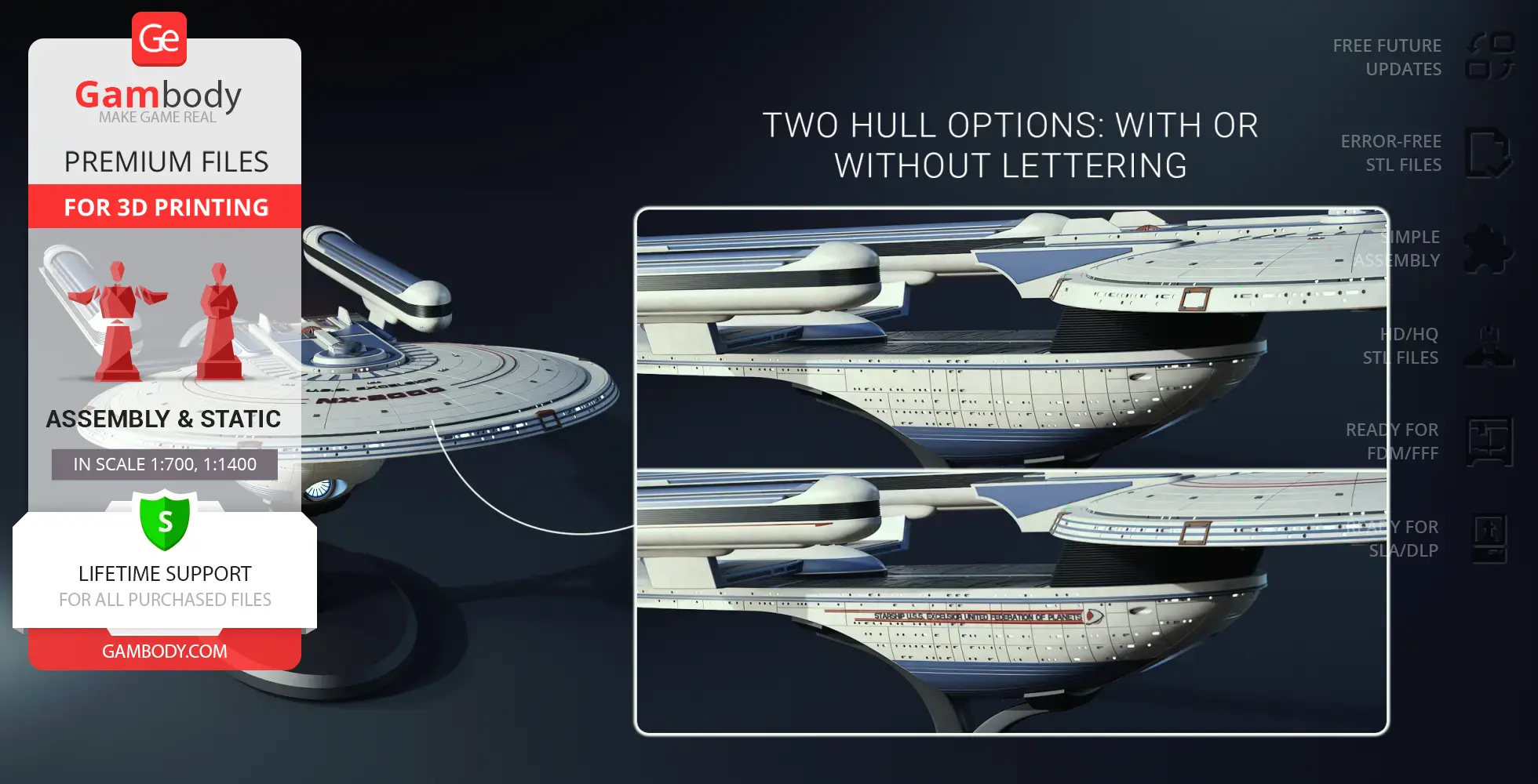 USS Excelsior NX-2000 3D model, two hull options: with or without lettering, from Gambody for 3D printing.