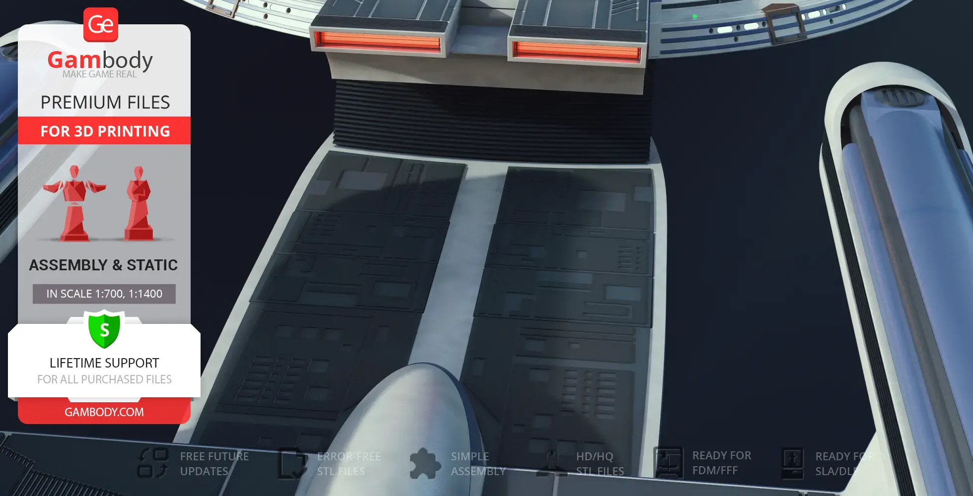 Close-up of USS Excelsior 3D model with detailed surface textures for 3D printing.