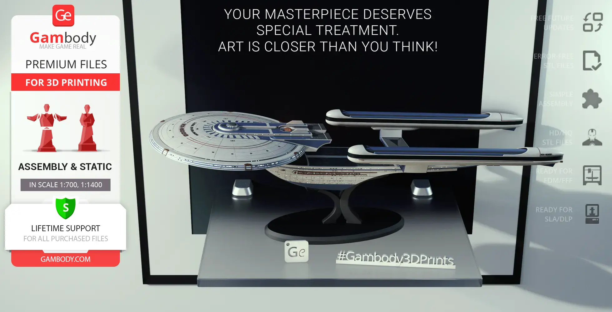 USS Excelsior NX-2000 3D model on display stand, promotional banner for Gambody 3D prints.