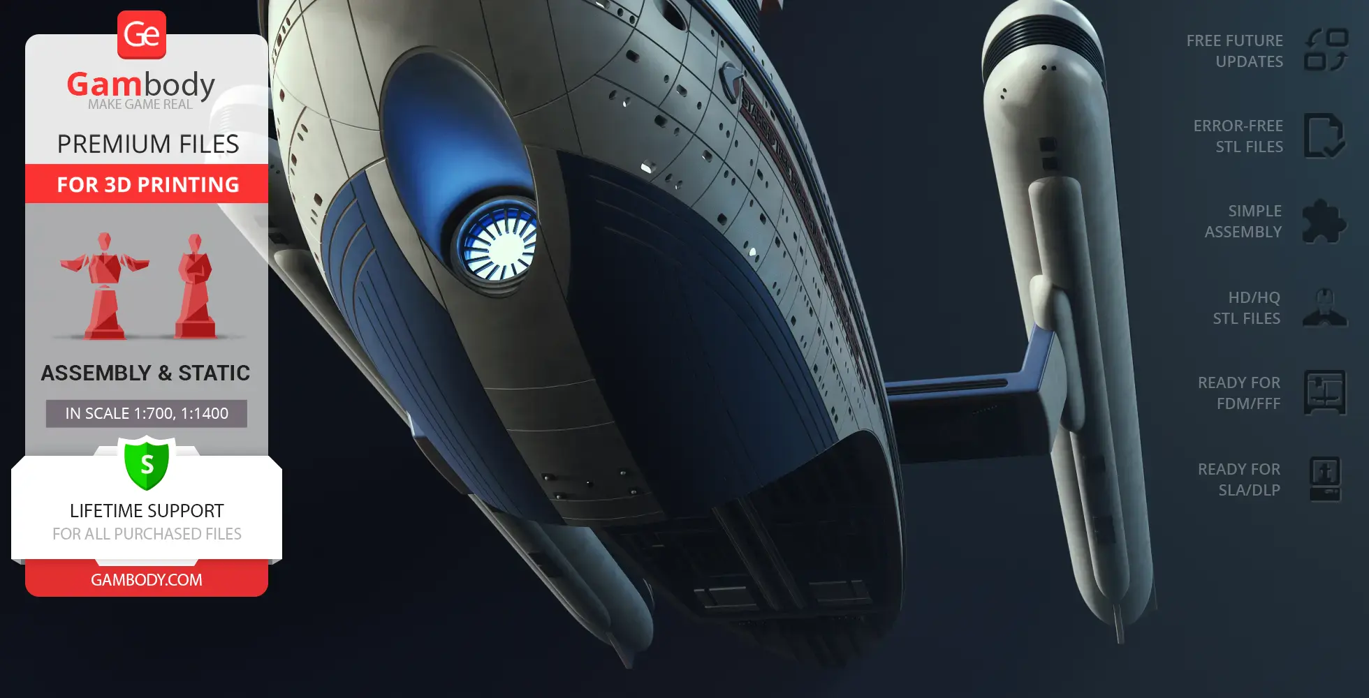 Close-up of the USS Excelsior NX-2000 3D model from Star Trek, ready for 3D printing on Gambody platform.