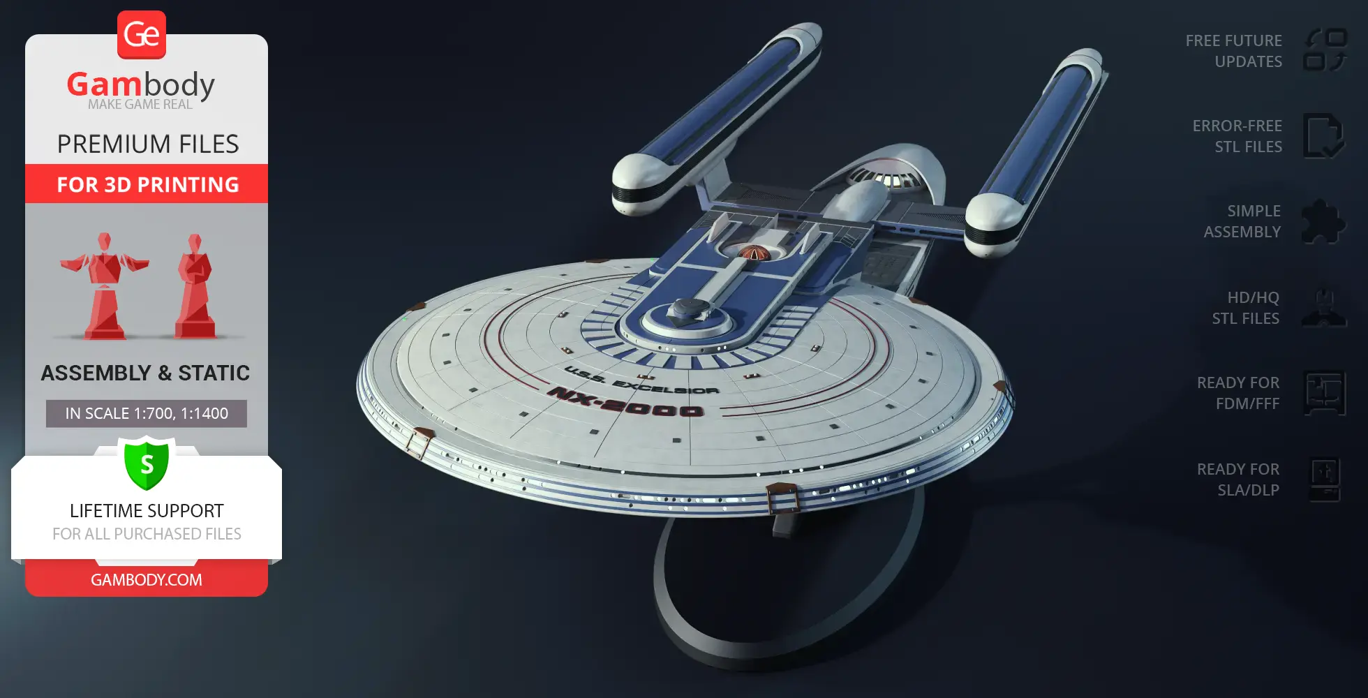 3D model of the USS Excelsior NX-2000 starship from Star Trek, displayed for 3D printing.