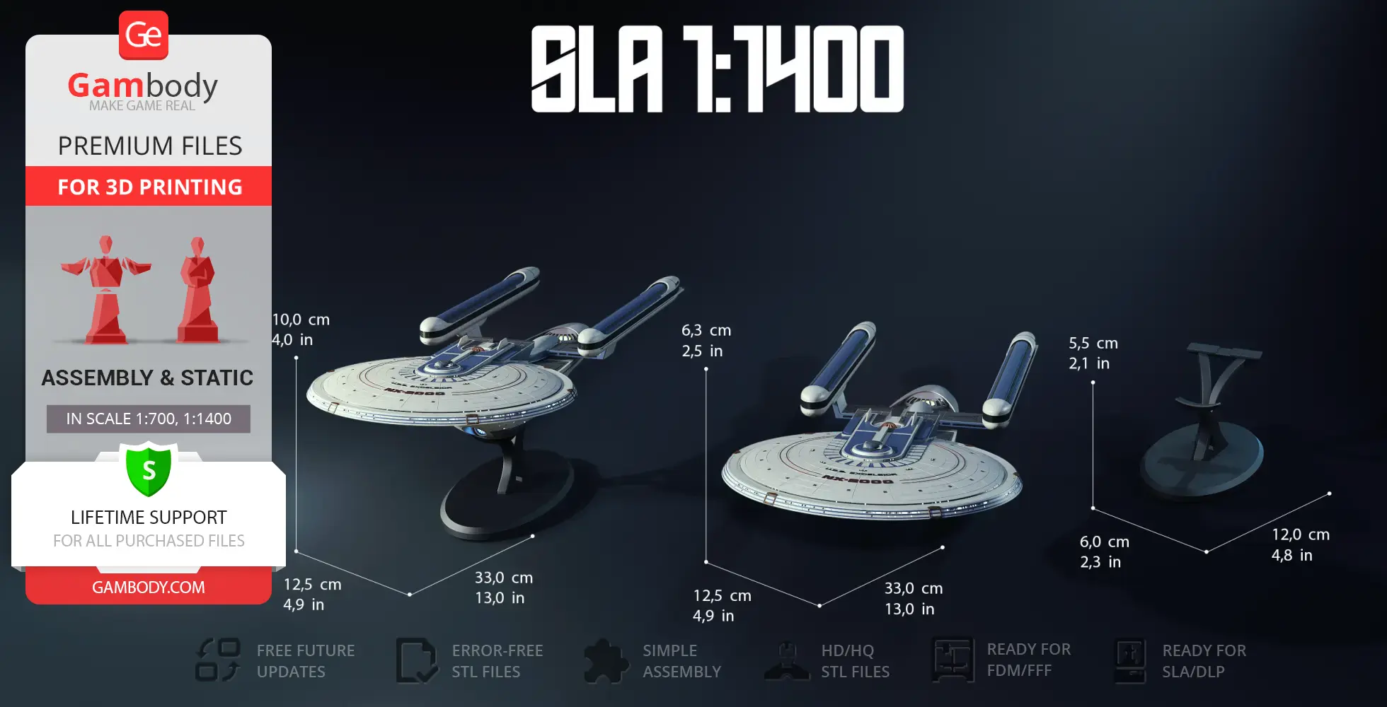 Star Trek USS Excelsior NX-2000 3D model for printing, with dimensions and stand details.