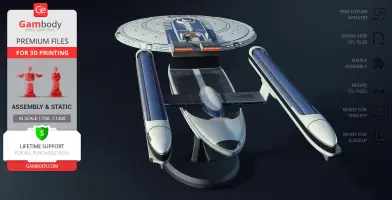 3D model of the USS Excelsior NX-2000 starship from Star Trek, shown on a display stand.