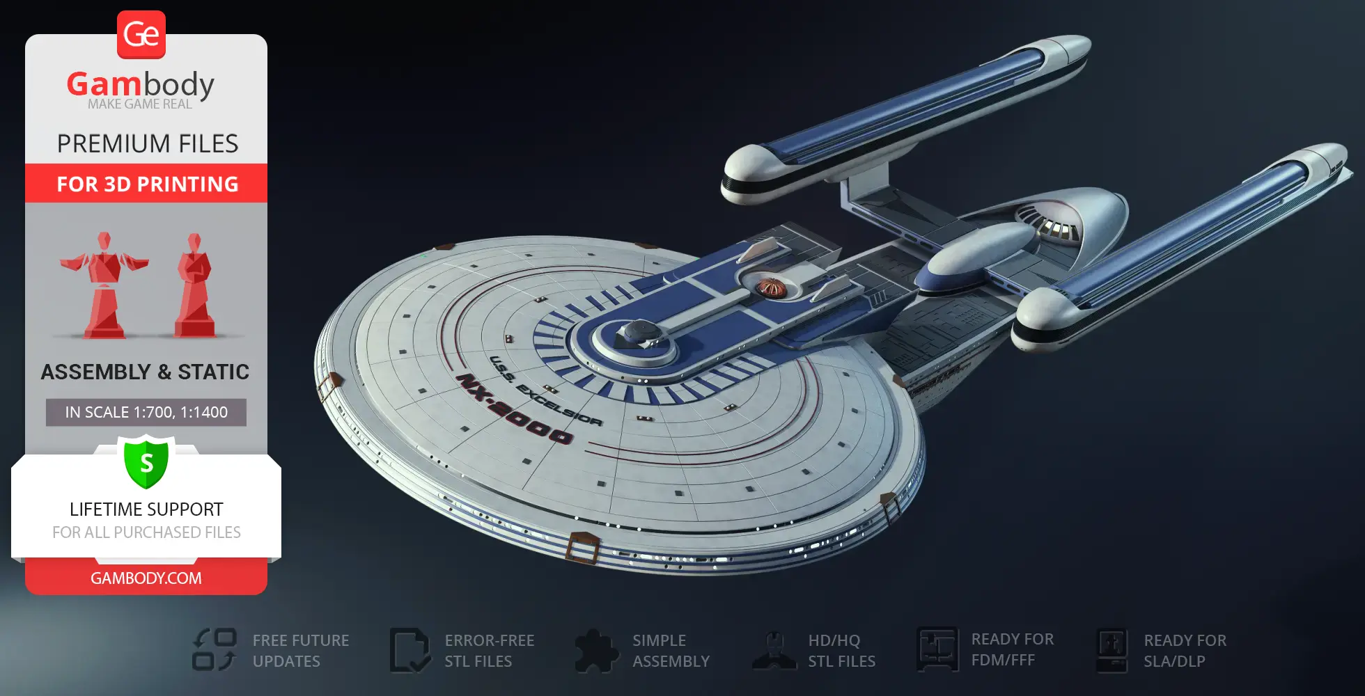 A detailed 3D model of the USS Excelsior NX-2000 starship from Star Trek for 3D printing.