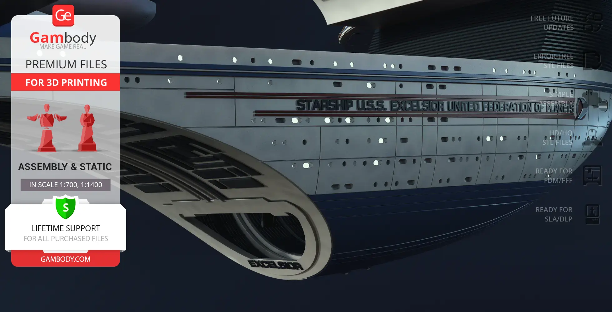 Starship USS Excelsior 3D model with detailed hull, ready for 3D printing.