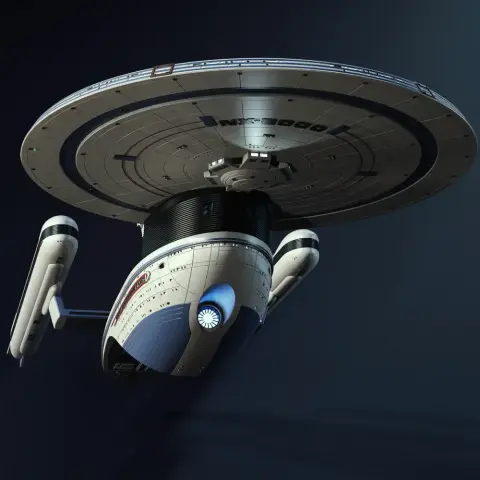 Futuristic starship model with a large circular top and cylindrical body, inspired by Star Trek's USS Excelsior.
