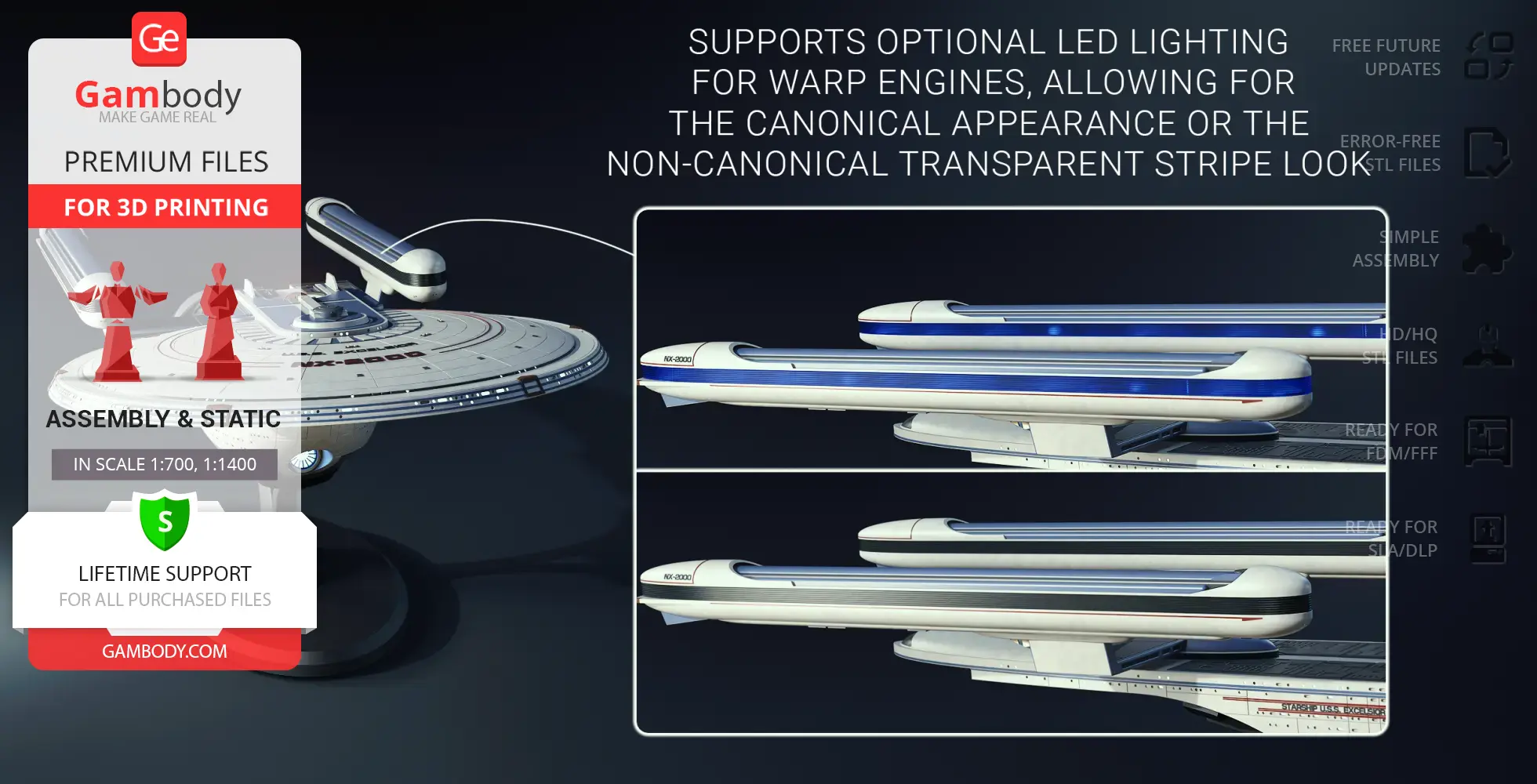 3D model of USS Excelsior NX-2000 from Star Trek, highlighting LED lighting and design details for printing.