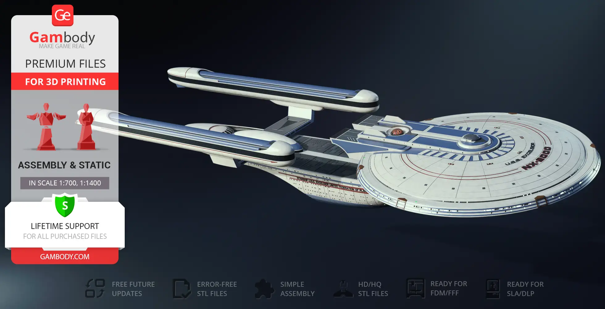 USS Excelsior NX-2000 3D model, sleek starship design from Star Trek, for 3D printing by Gambody.