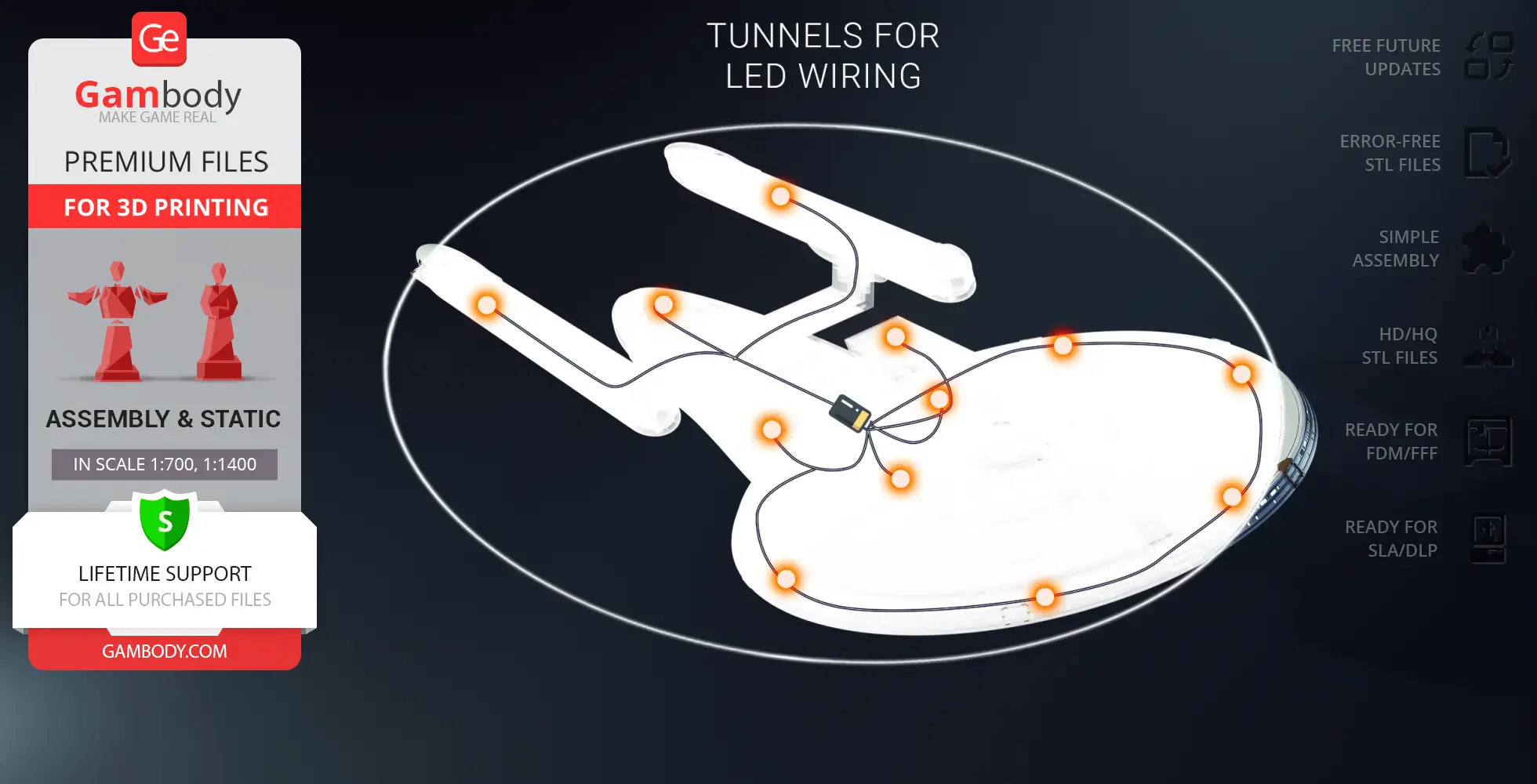 3D model of USS Excelsior NX-2000 with LED wiring guide for 3D printing.