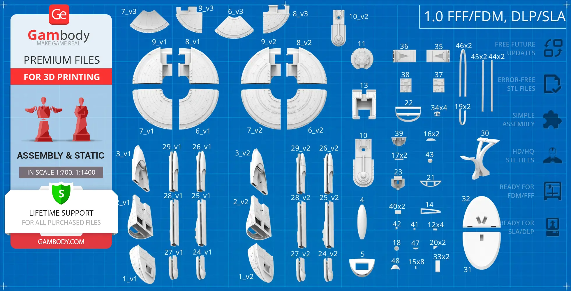 3D printed parts layout for USS Excelsior NX-2000 model, Star Trek, from Gambody with assembly guide.