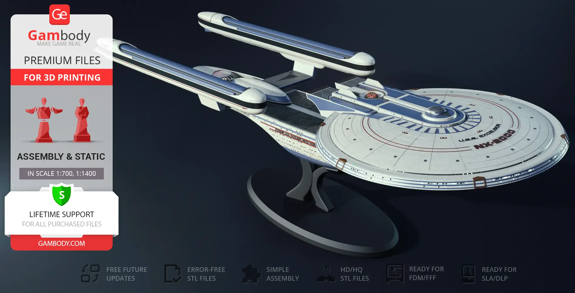 USS Excelsior NX-2000 3D model displayed; sleek Star Trek starship design for 3D printing on Gambody.