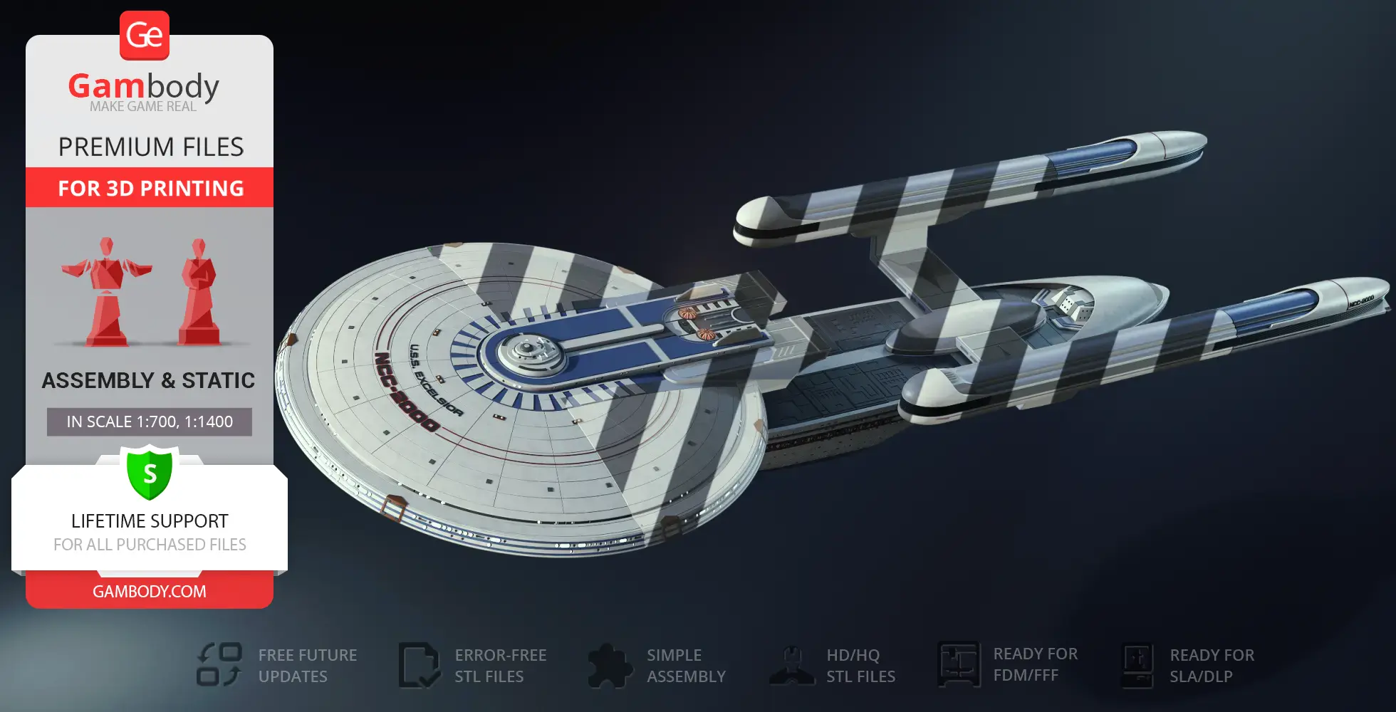 3D model of USS Excelsior NCC-2000 for printing, displayed with a label offering assembly options.