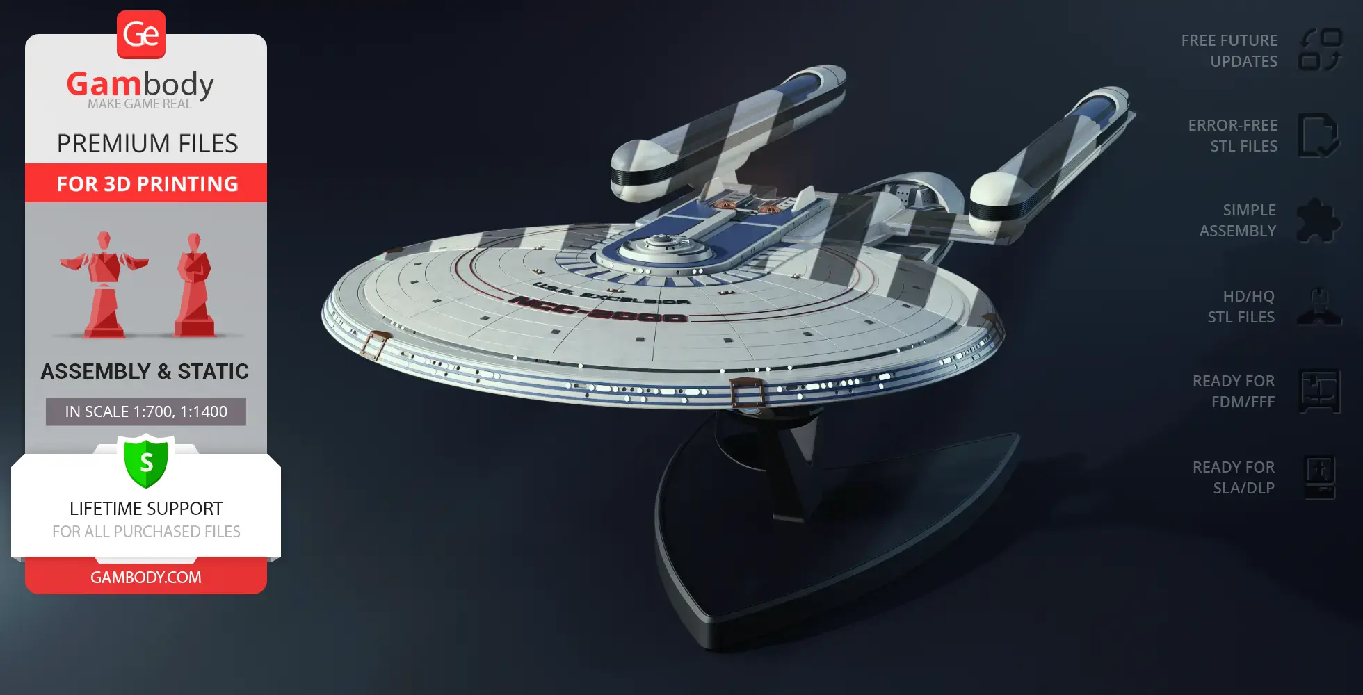 3D model of USS Excelsior NCC-2000 on display stand, detailed for printing.