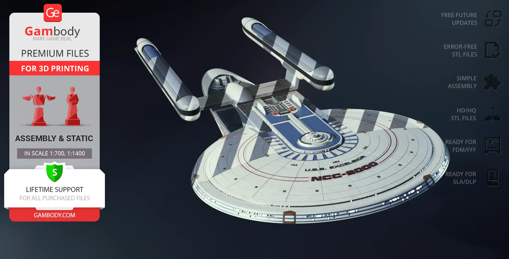 3D rendering of USS Excelsior NCC-2000 spaceship model for printing, shown with promotional details.