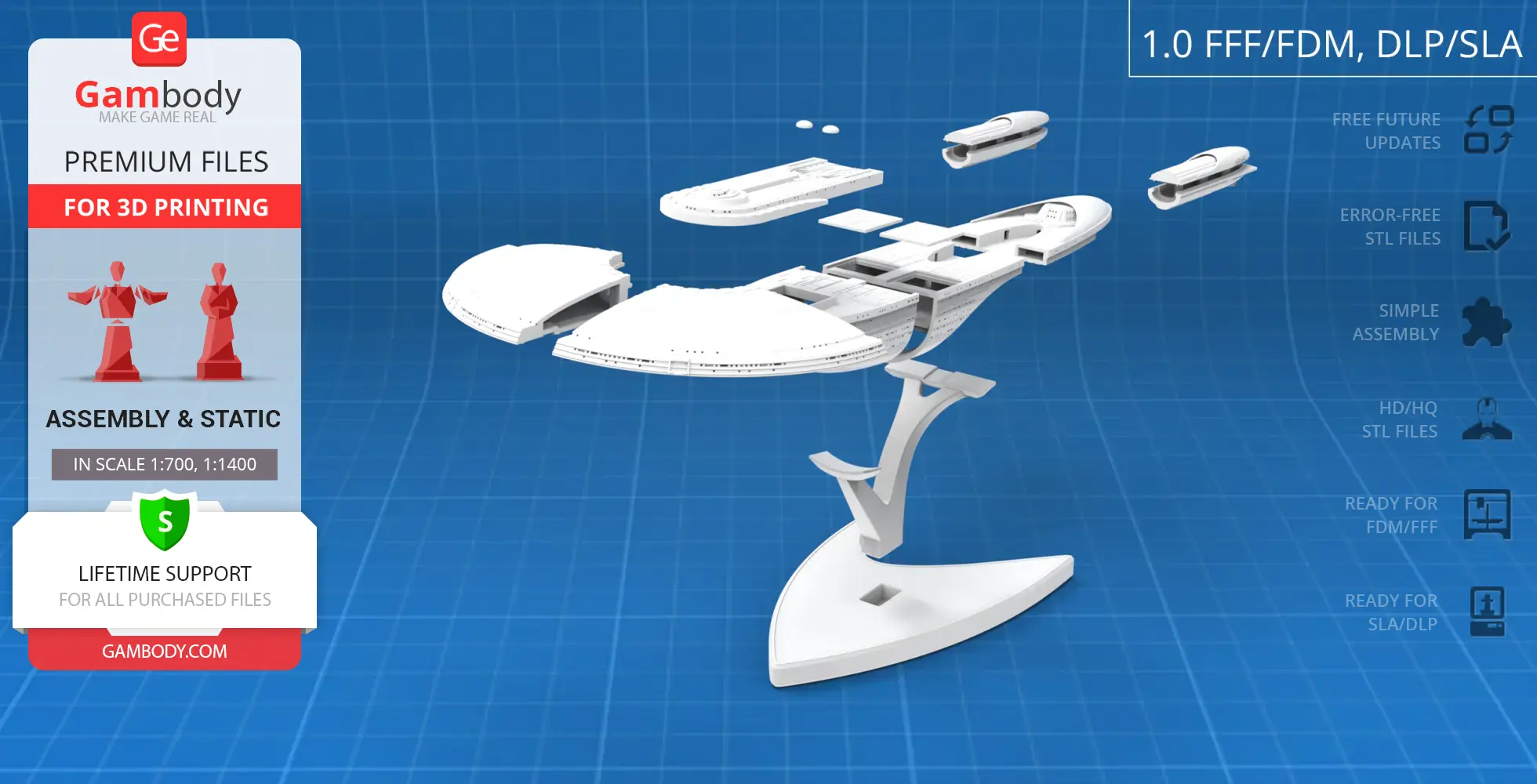 USS Excelsior NCC-2000 model pieces on a blue grid background, ready for 3D printing assembly.