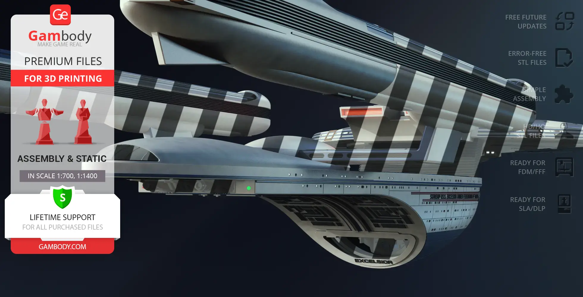 Detailed 3D rendering of the USS Excelsior NCC-2000 starship model for 3D printing.