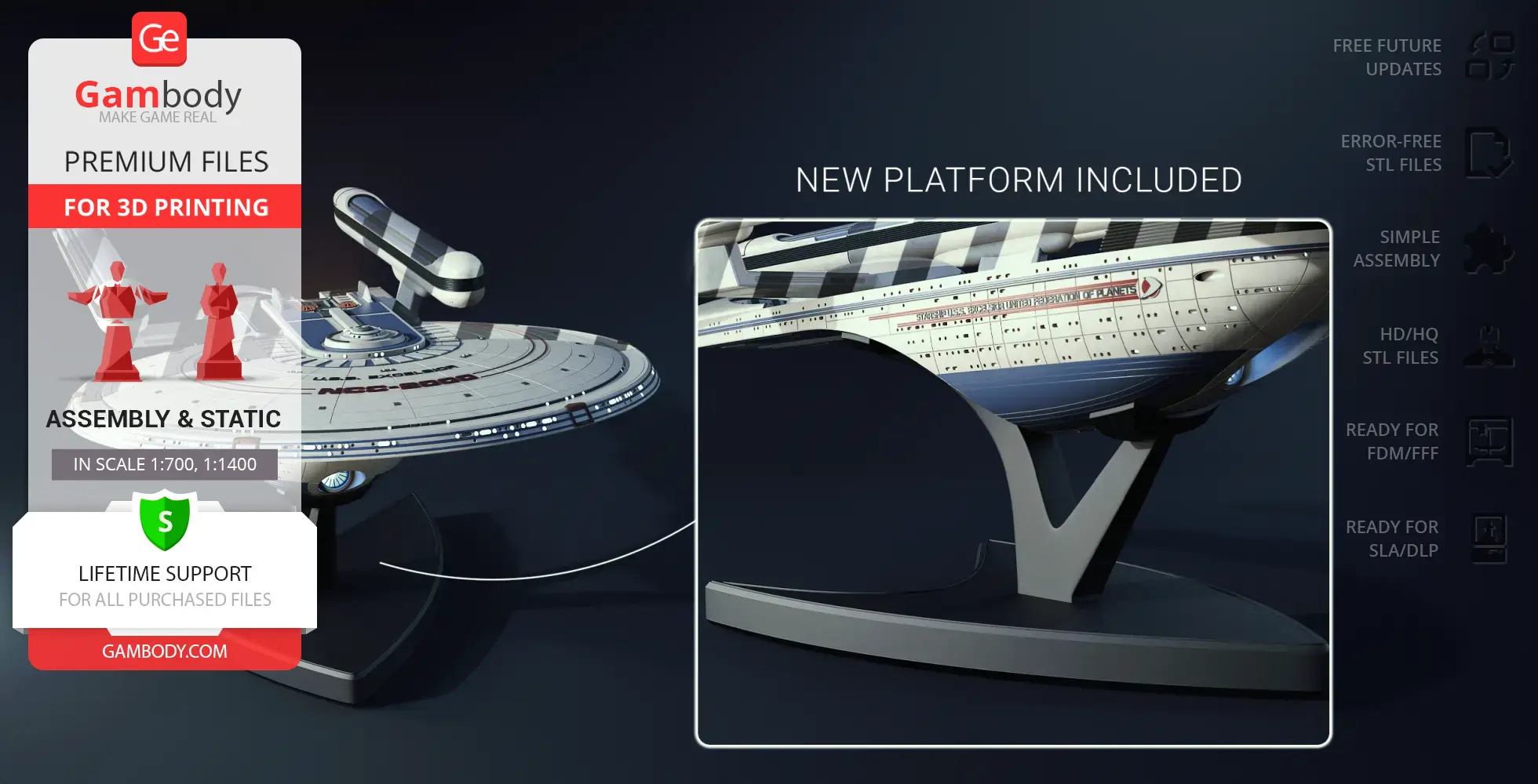 3D model of the USS Excelsior NCC-2000 with a display stand; labeled for 3D printing.