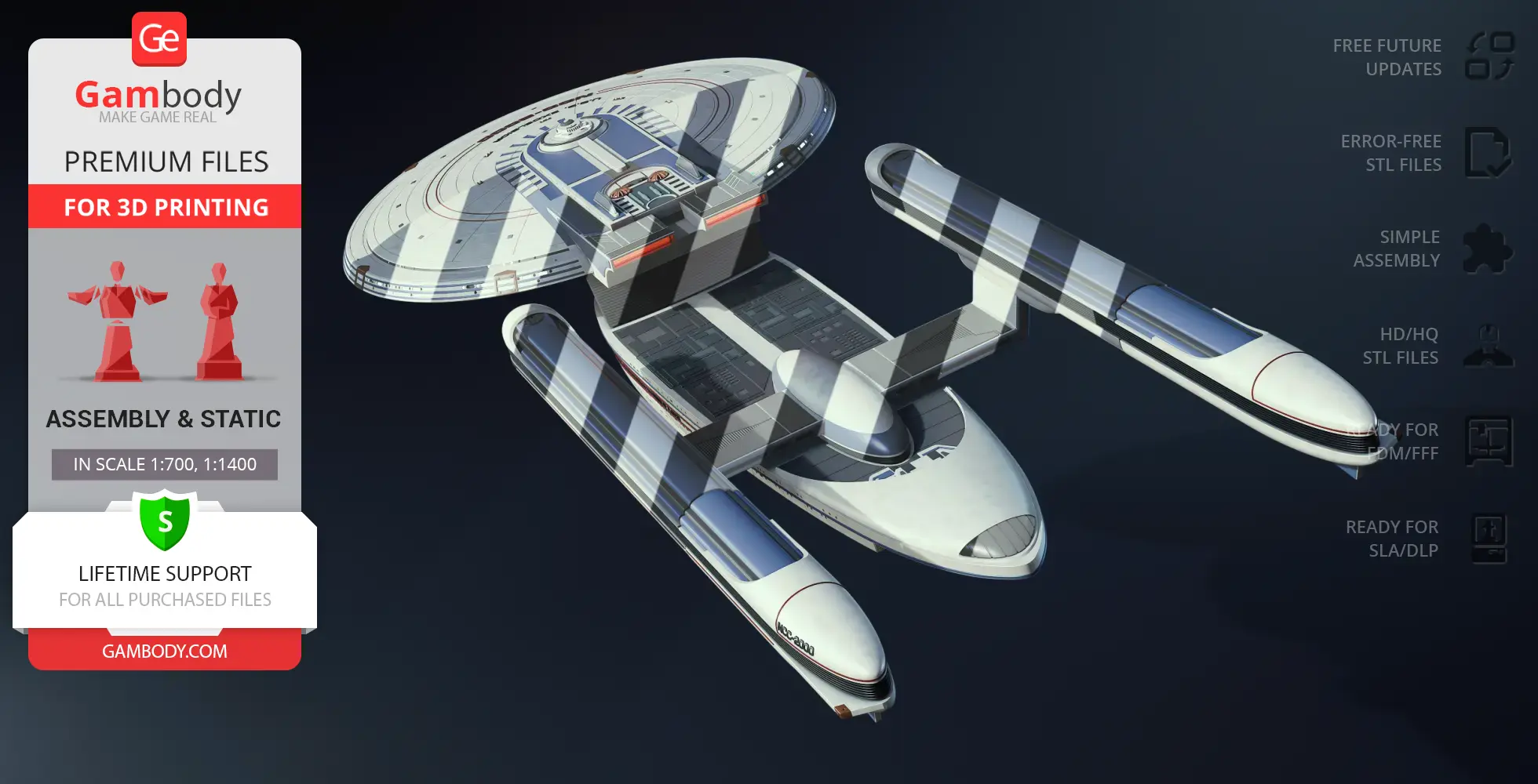 3D model of USS Excelsior NCC-2000 spaceship for 3D printing, shown with assembly features and support options.