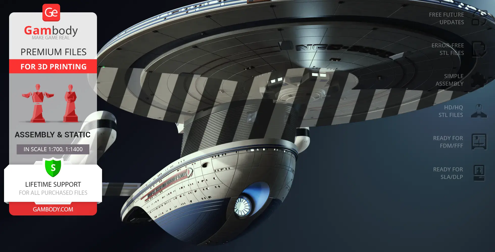 3D model of USS Excelsior NCC-2000 spaceship, detailed for 3D printing with assembly instructions.