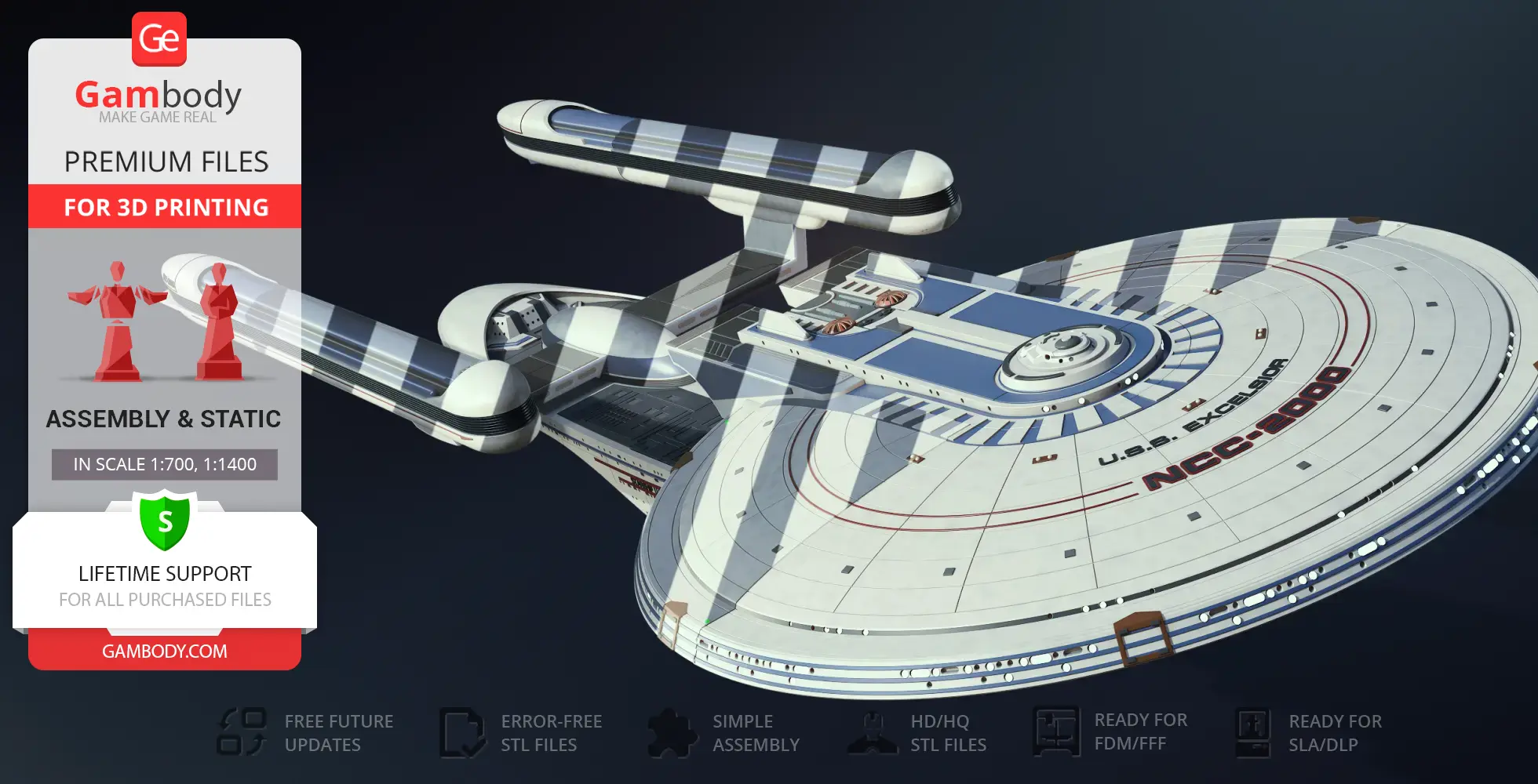 A detailed 3D model of the USS Excelsior NCC-2000 spaceship, designed for 3D printing.