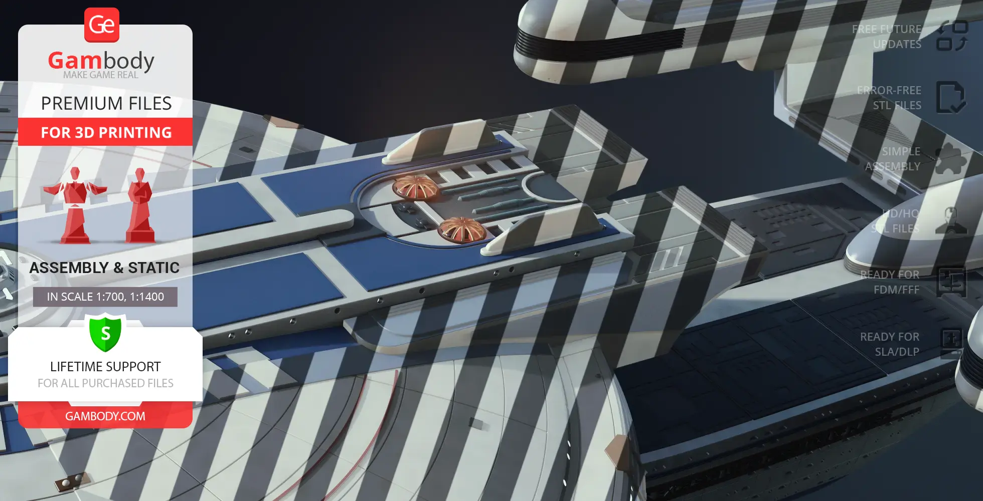 Close-up of a detailed USS Excelsior NCC-2000 3D model for printing, featuring blue and gray design.