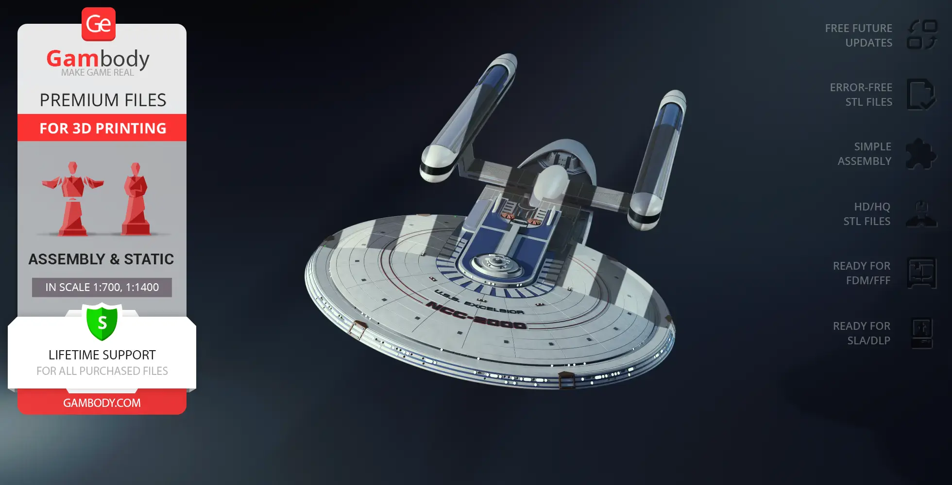 A 3D model of the USS Excelsior NCC-2000 spaceship for printing, showcasing its saucer and dual engines.