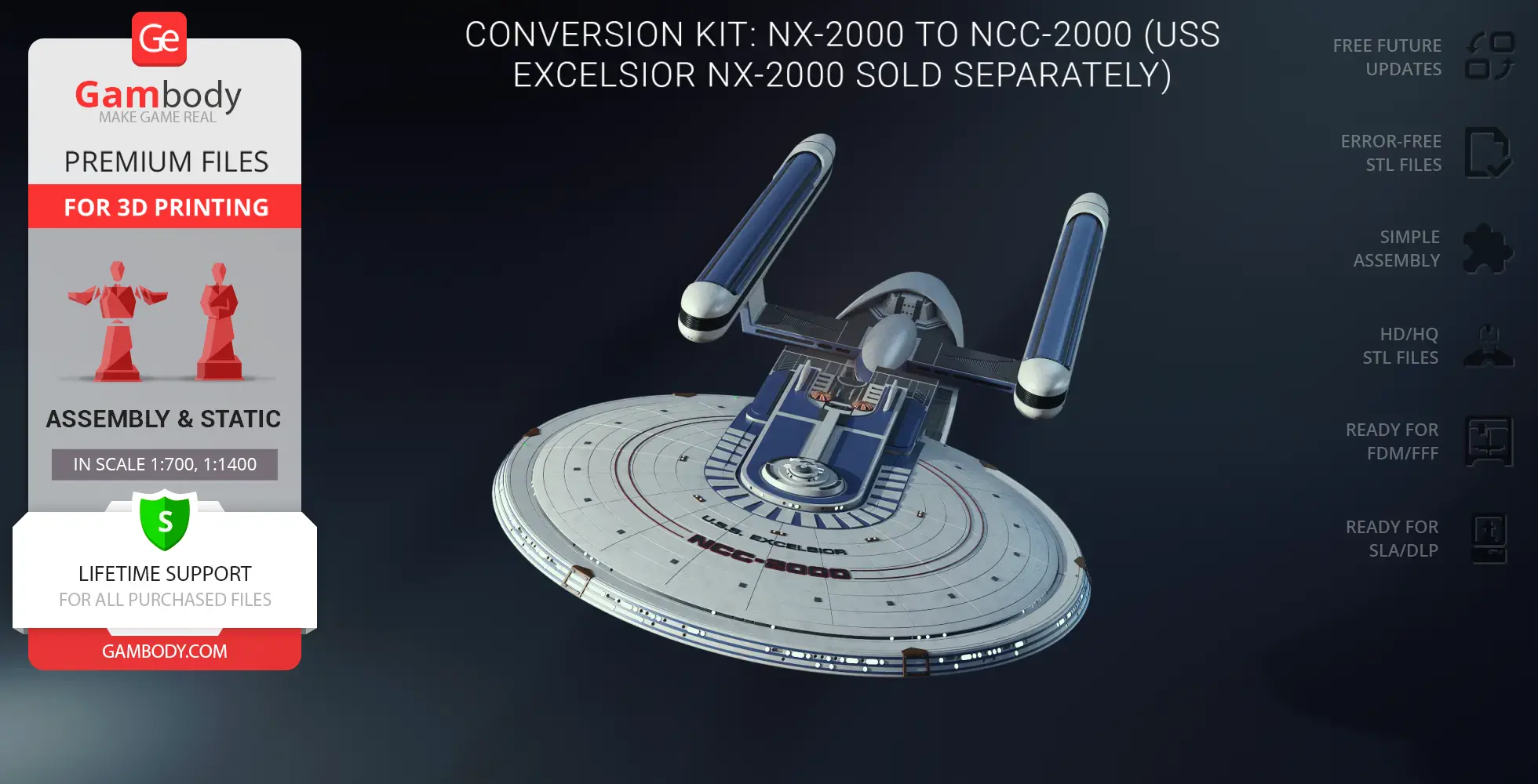 3D model of USS Excelsior NCC-2000 for printing; features saucer and nacelles.