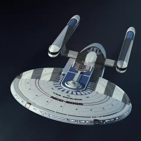 Futuristic starship model with a large saucer and dual engines, labeled 'USS Excelsior NCC-2000.'