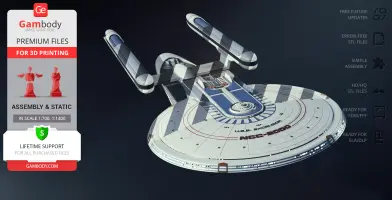3D rendering of USS Excelsior NCC-2000 spaceship model for printing, shown with promotional details.