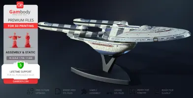 A detailed 3D model of the USS Excelsior starship on a display stand for printing.