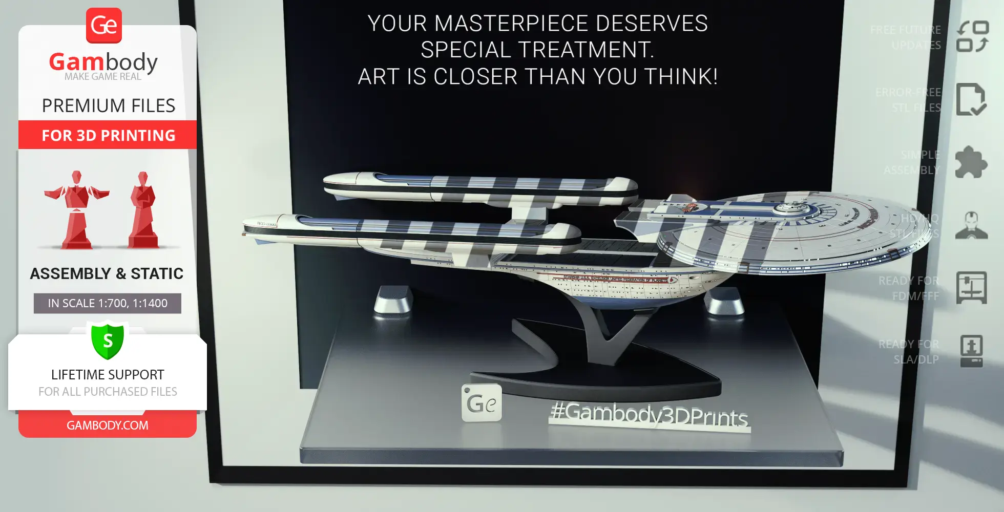 A detailed 3D model of the USS Excelsior starship displayed on a stand, ready for 3D printing.