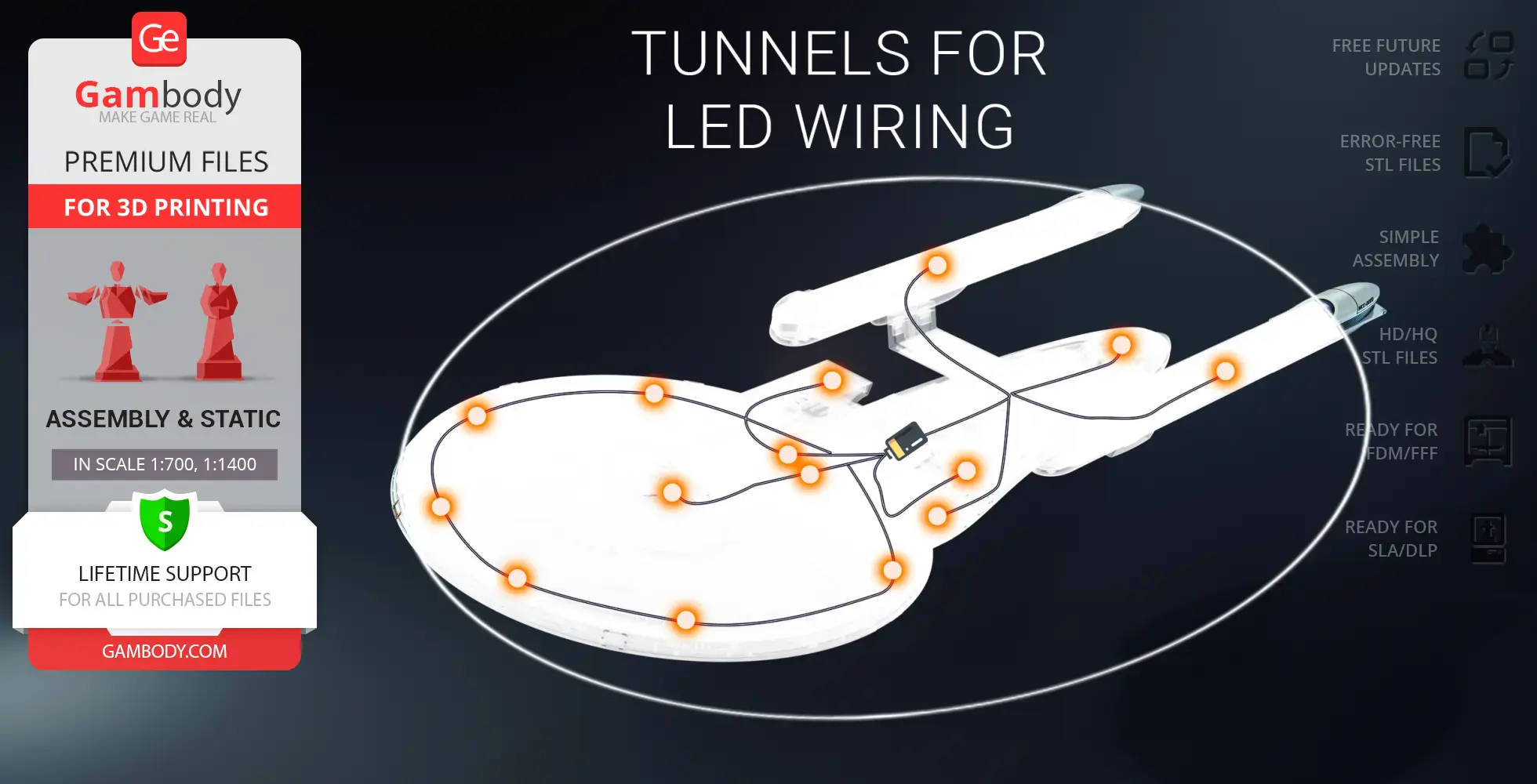 USS Excelsior model with LED wiring tunnels diagram for 3D printing by Gambody.