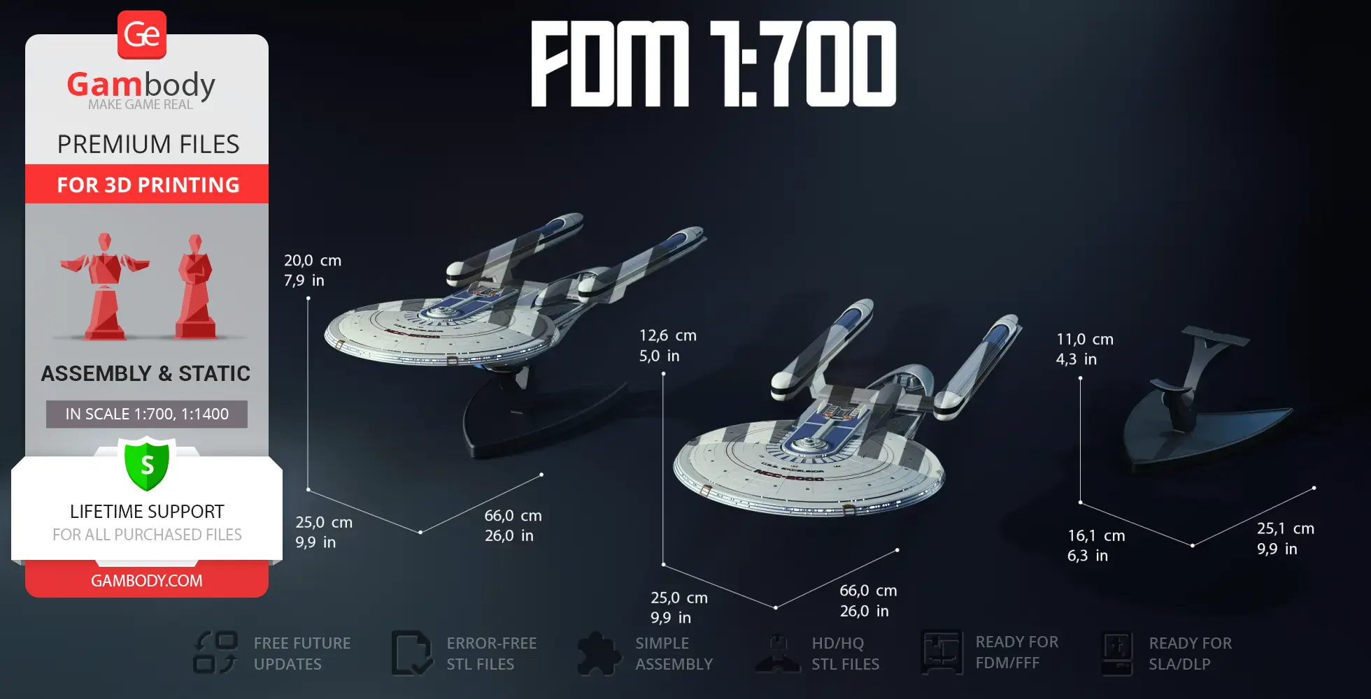 3D model of USS Excelsior NCC-2000, detailed starship for 3D printing, with dimensions labeled.