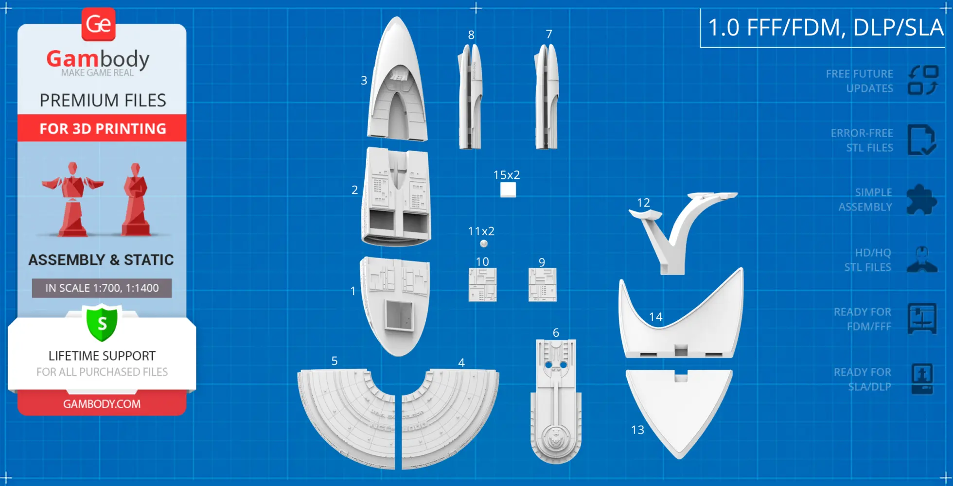 USS Excelsior NCC-2000 3D printing kit showing labeled ship parts for assembly on a blueprint background.
