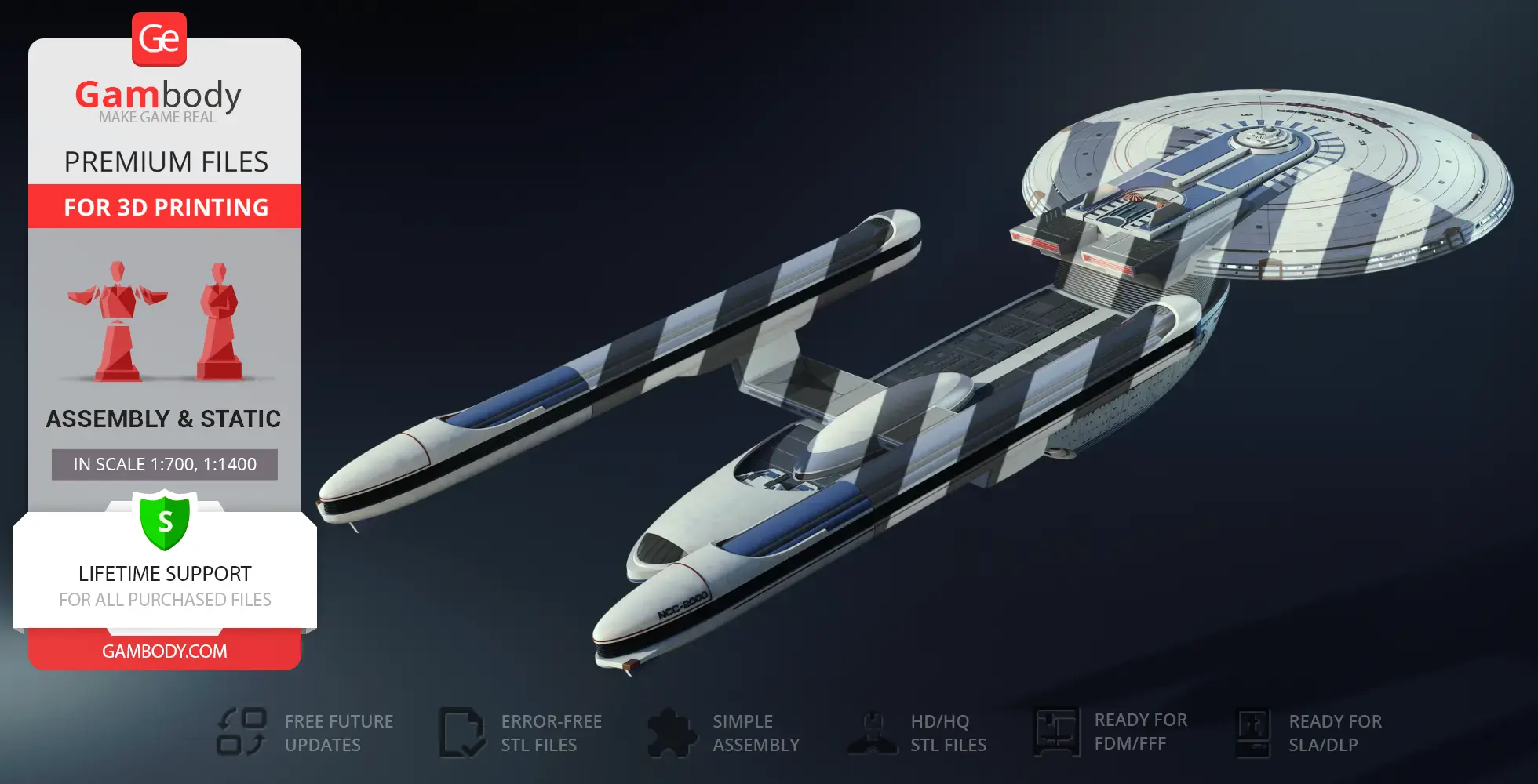 3D model of USS Excelsior NCC-2000 starship for printing, shown with assembly details on Gambody.