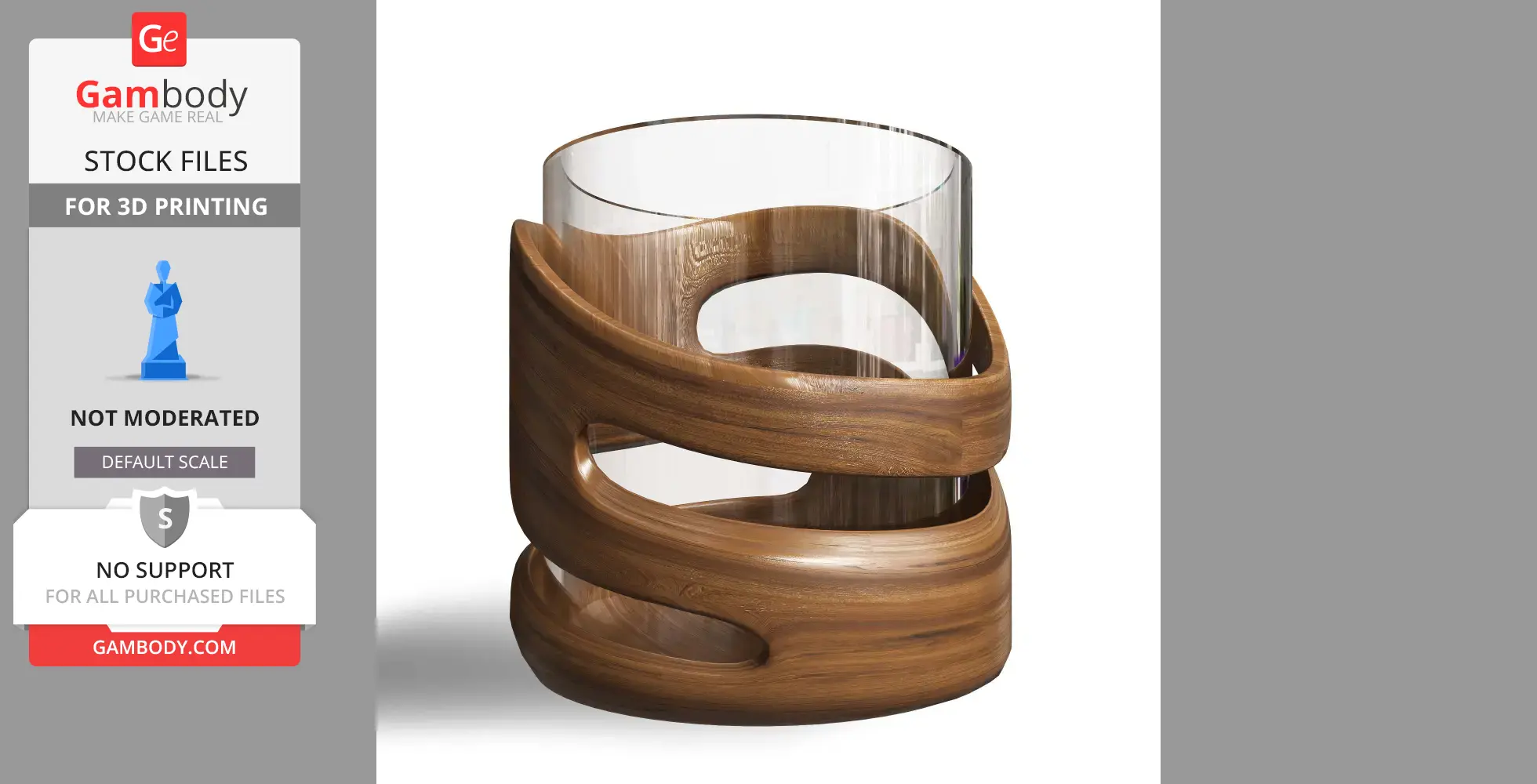 A stylish, wooden swirl design pen holder with a clear cylindrical interior for 3D printing.