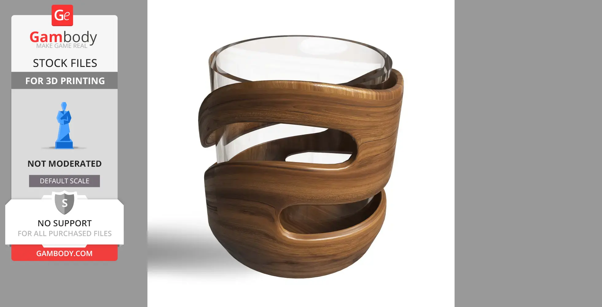A modern pen holder design with a wooden spiral structure around a clear cylindrical container.