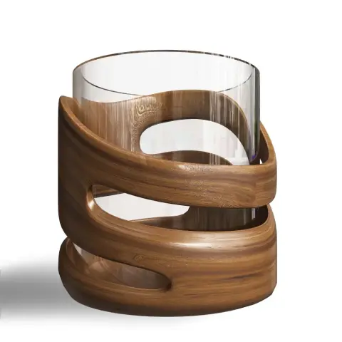 A modern pen holder with a wooden spiral design surrounding a transparent cylindrical container.