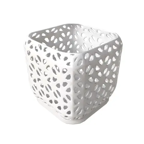 White, square, 3D-printed pen holder with a perforated, lattice design.