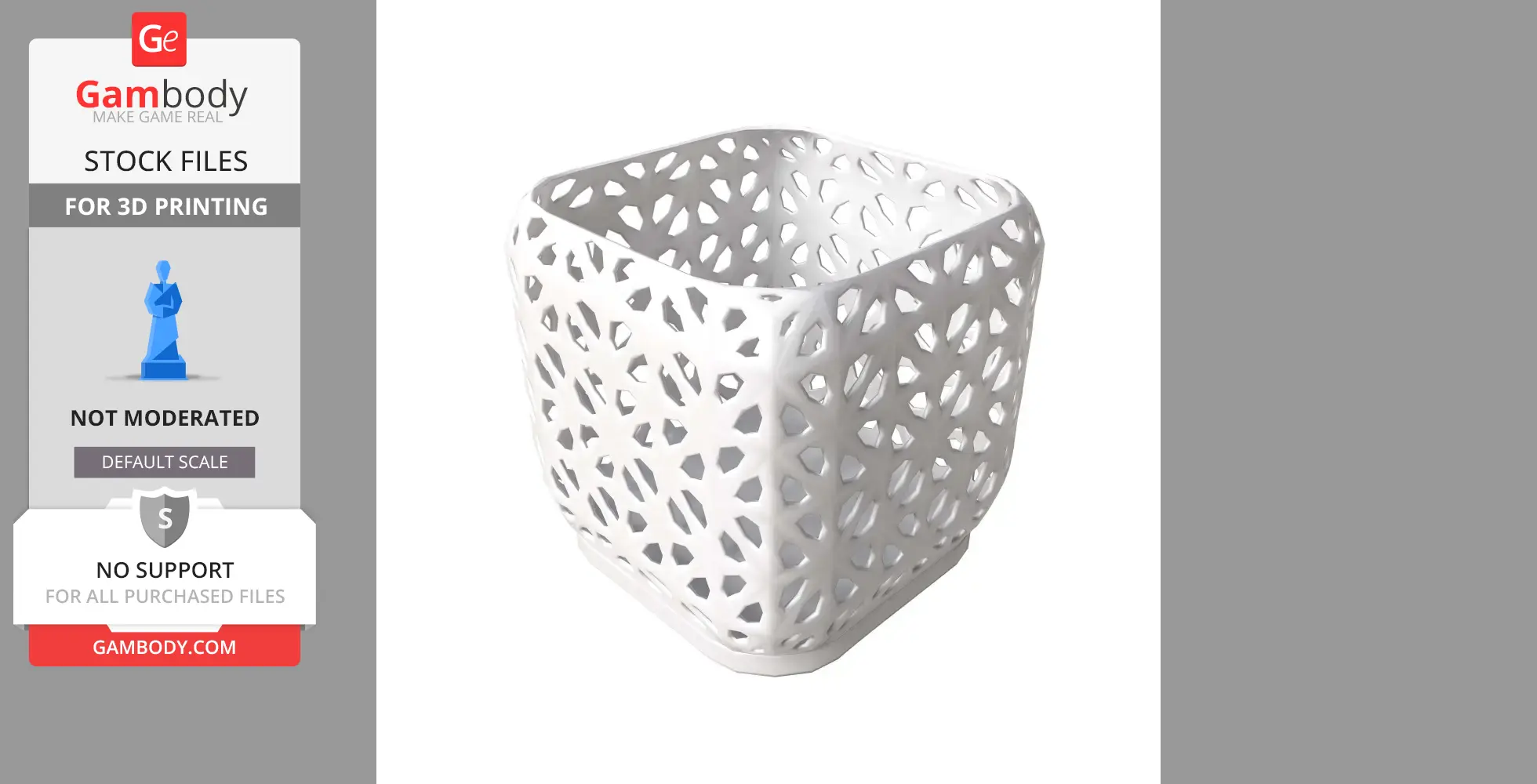 White, lattice-patterned, cube-shaped pen holder for 3D printing.