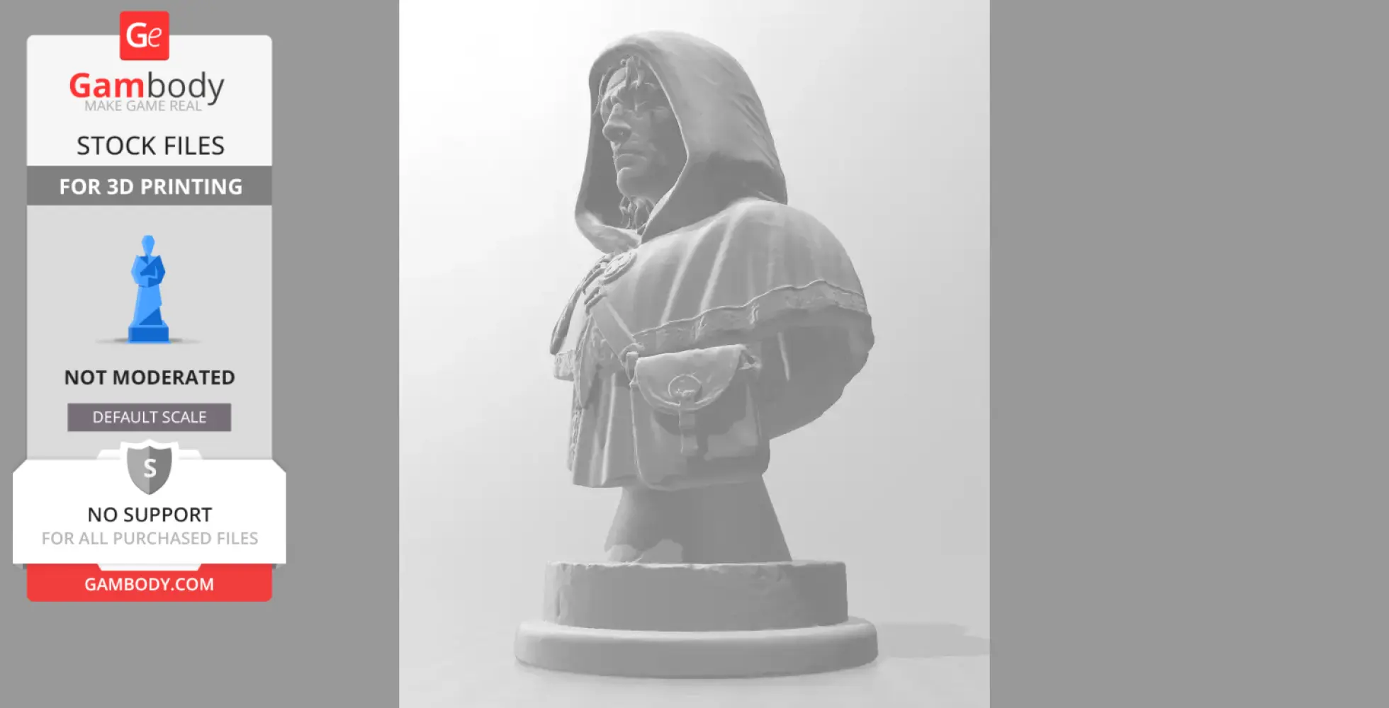 Detailed 3D bust of a hooded figure in cloak with pouch, on a pedestal, for 3D printing.