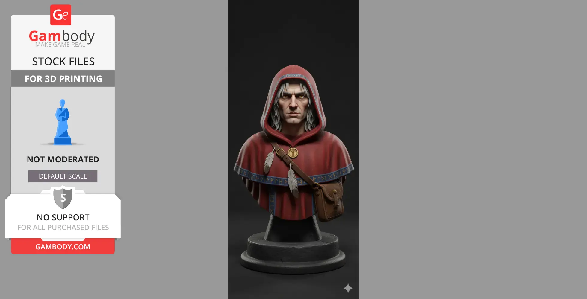 Hooded figure bust with red cloak, brown satchel, feathers, and rune detailing, set on a circular base.
