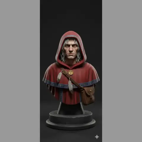 A detailed 3D bust of a hooded figure with a satchel, mounted on a round base.