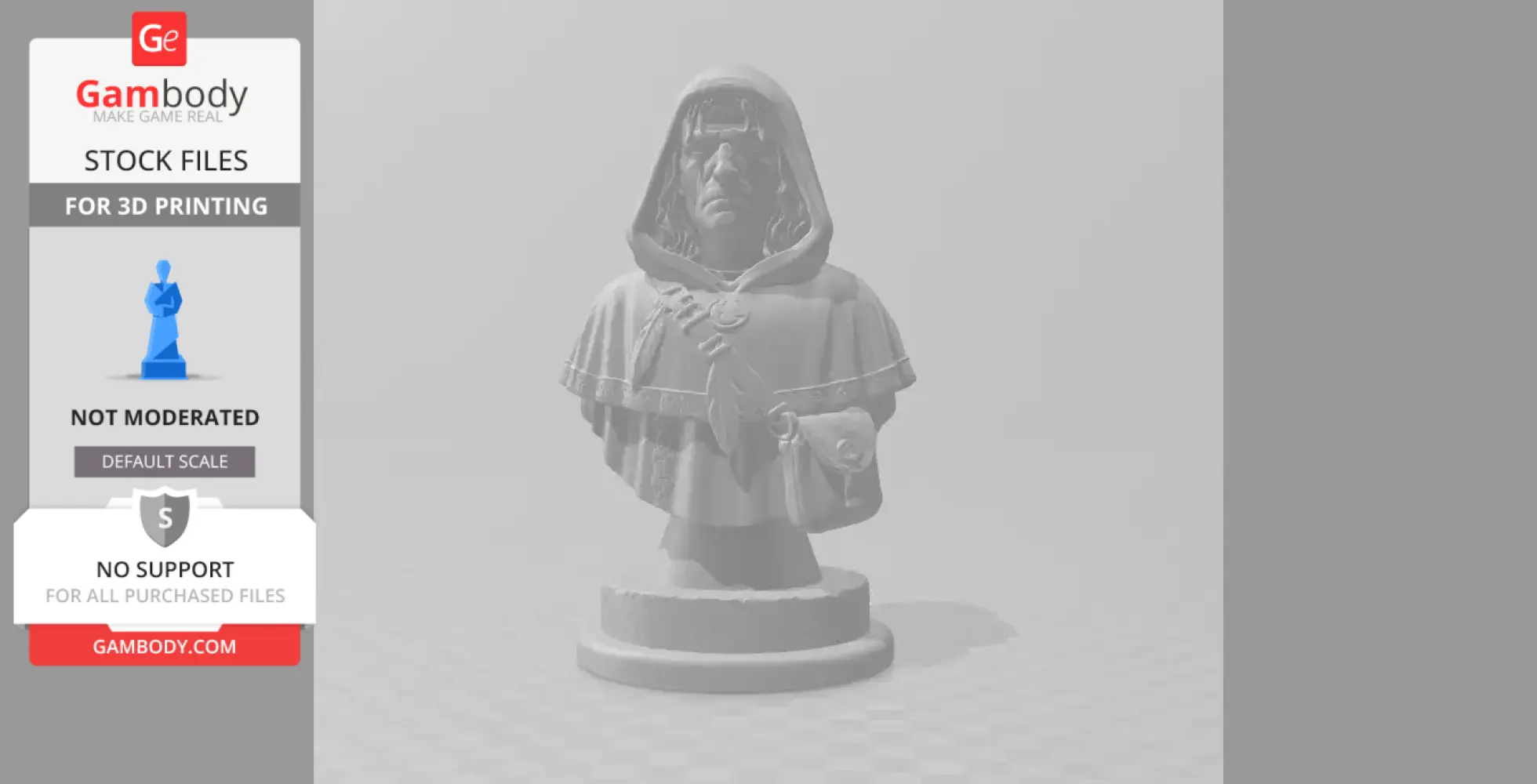 A high-detail 3D bust of a hooded figure with a stern expression, wearing a cloak and carrying a pouch.