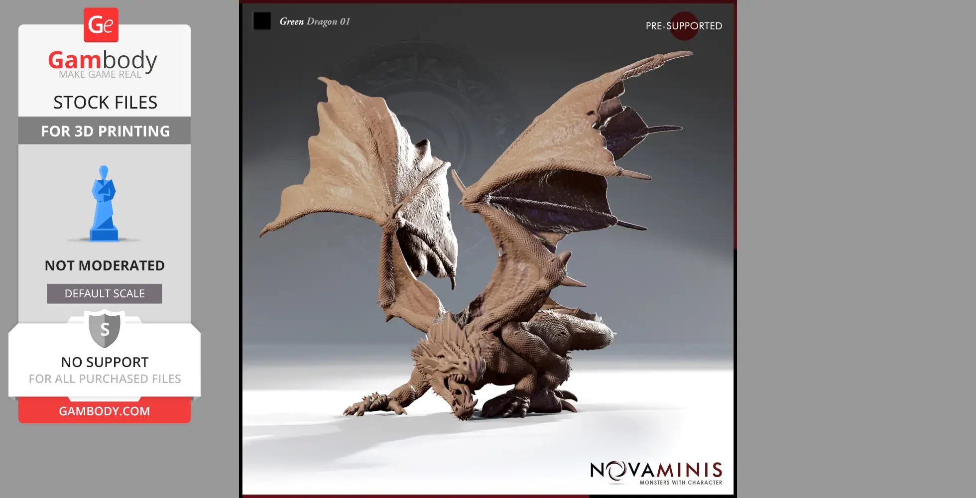A detailed 3D model of a dragon with large wings and fierce expression, designed for 3D printing.