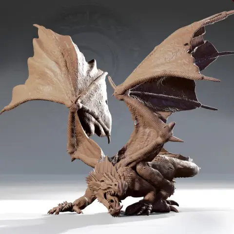 A fierce dragon 3D model with detailed textures, large wings, and a dynamic, crouching pose.