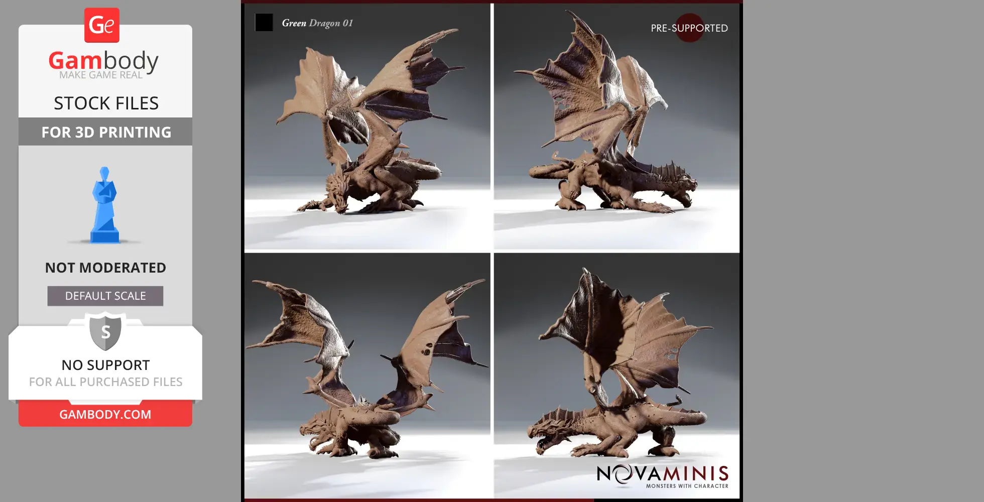 A detailed 3D model of a dragon with large wings in different angles for printing.