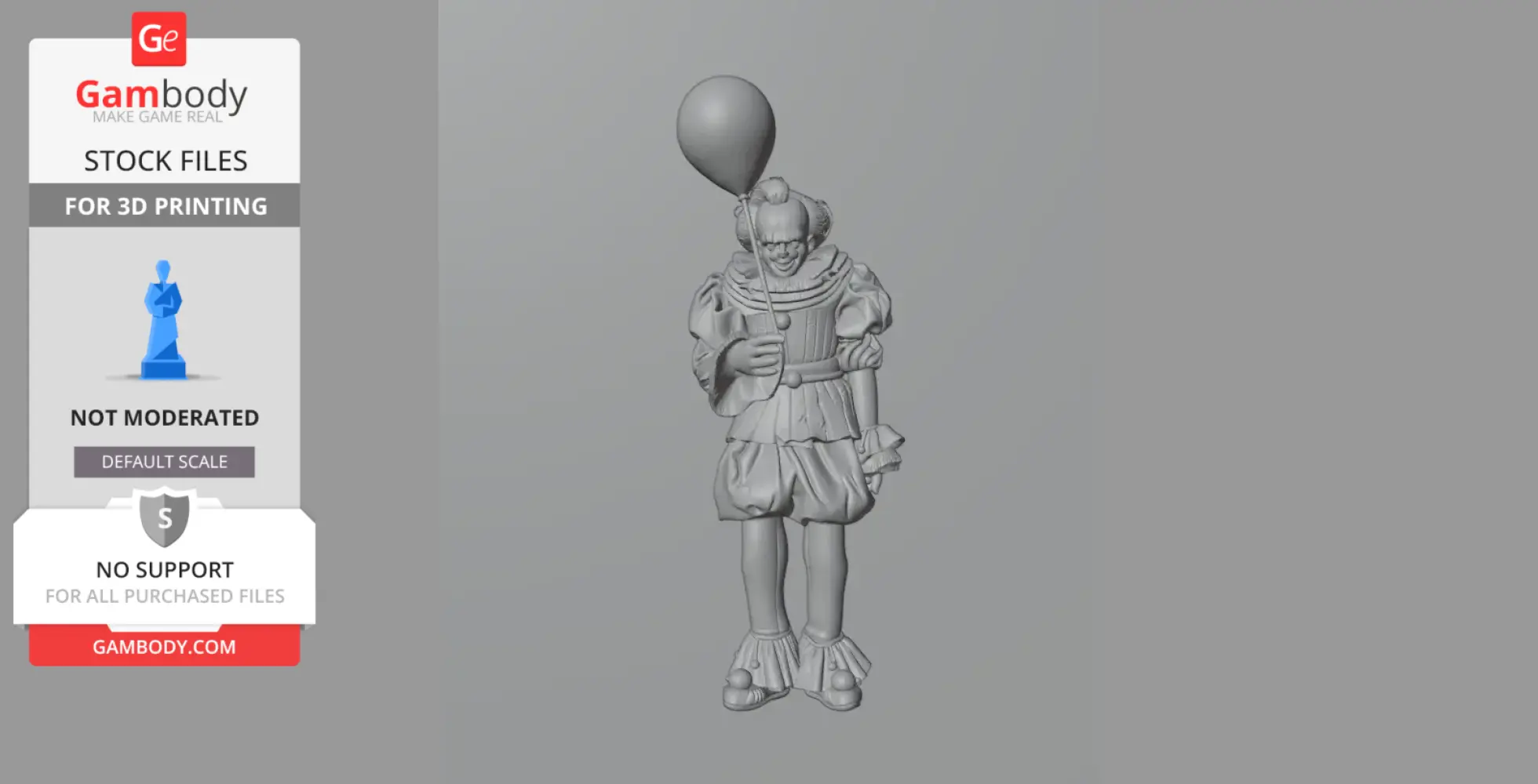 Creepy clown figure holding a balloon, designed for 3D printing.