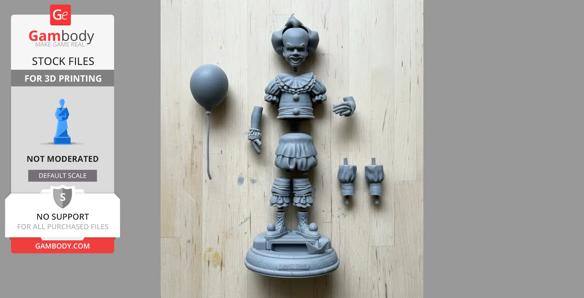 3D printed parts of a clown figure, separated, with a base and balloon, ready for assembly.