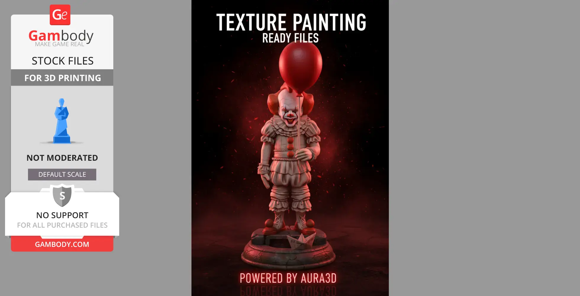 Creepy clown figure holding red balloon, standing on base with paper boat, for 3D printing.